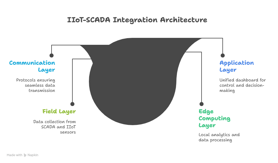 Diagram of IIoT-SCADA Integration Architecture showing Communication, Field, Edge Computing, and Application layers.