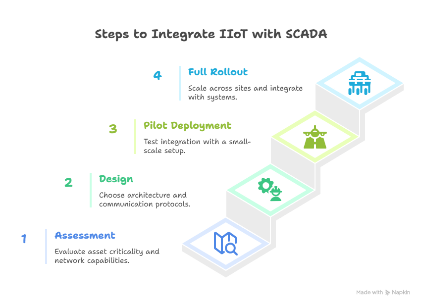 Diagram outlining the steps to integrate IIoT with SCADA, including Assessment, Design, Pilot Deployment, and Full Rollout.